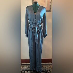 Ghost Poppy Satin-crepe Jumpsuit in Slate Blue. Size L. NWT.